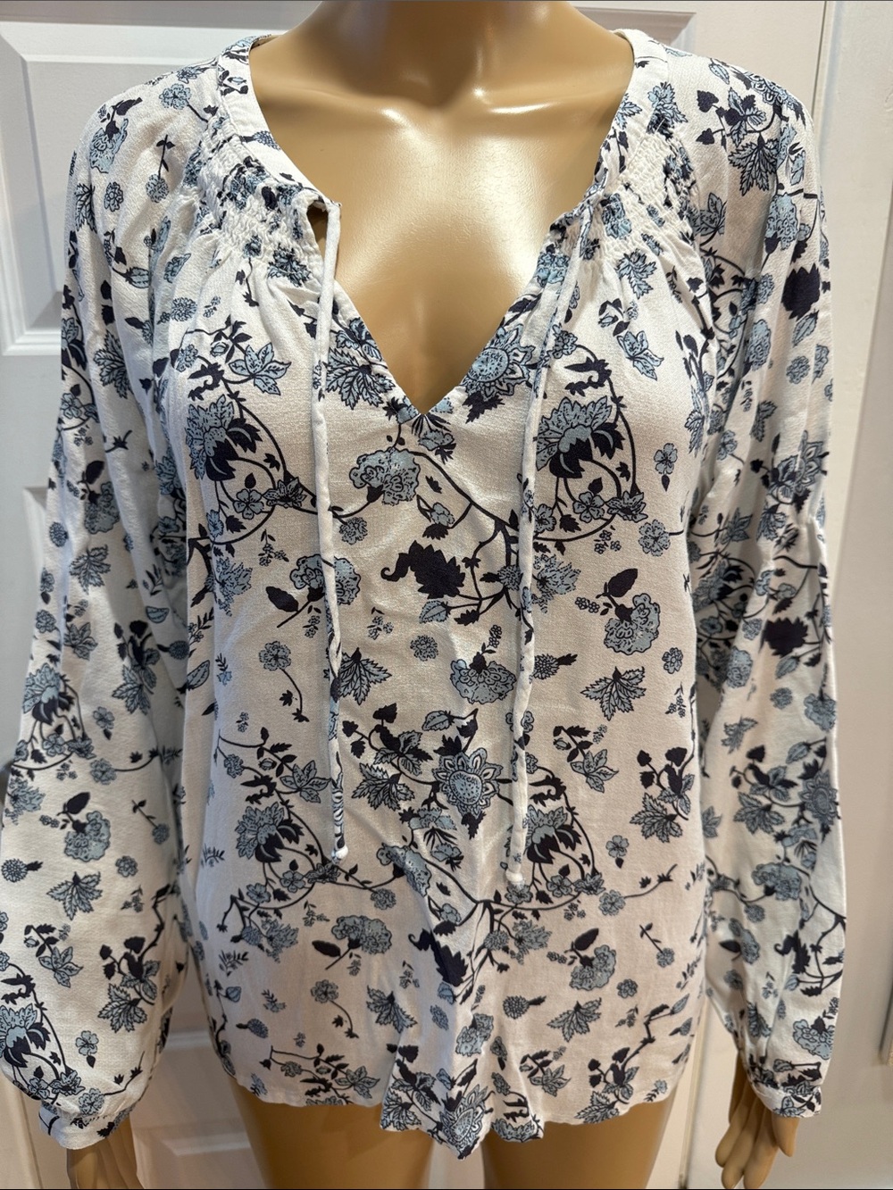 Lucky Brand White Floral Tie-Front Peasant Blouse